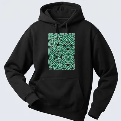Intricate Celtic knot design with text 'The Endless Knot' in green and white — printed on a unisex hoodie