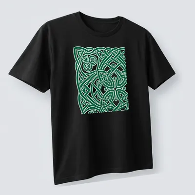 Intricate Celtic knot design with text 'The Endless Knot' in green and white — printed on a unisex t-shirt (angled view)