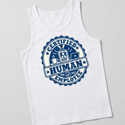 Vintage badge design with 'Certified Human Employee' text and illustrations of coffee cup and laptop — printed on a tank top
