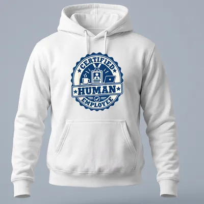 Vintage badge design with 'Certified Human Employee' text and illustrations of coffee cup and laptop — printed on a unisex hoodie