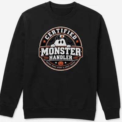 Vintage badge style shirt with a playful ghost and spooky text — printed on a unisex sweatshirt