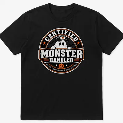 Vintage badge style shirt with a playful ghost and spooky text