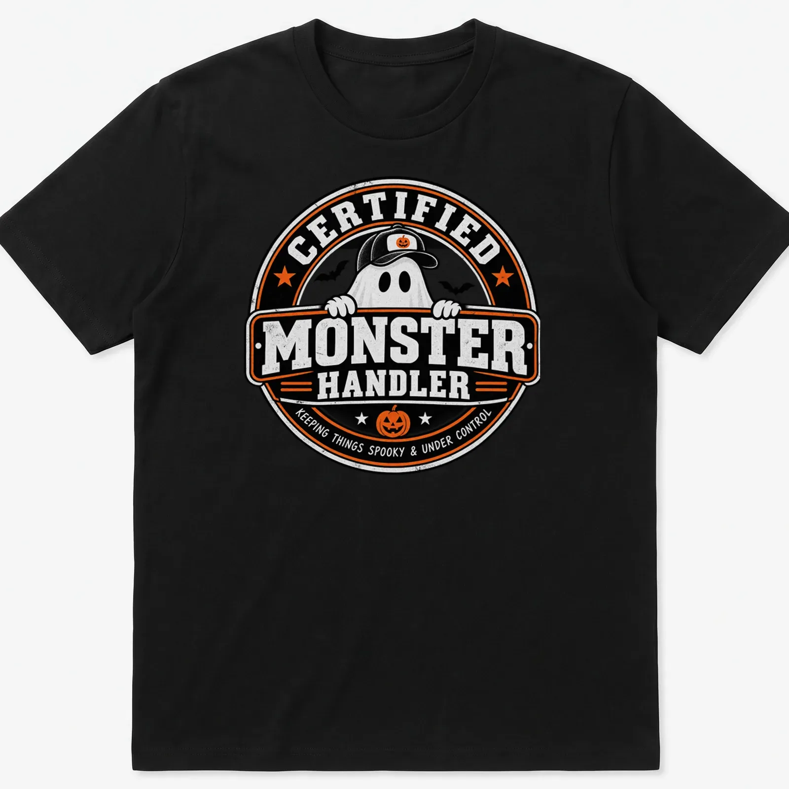 Vintage badge style shirt with a playful ghost and spooky text — printed on a unisex t-shirt