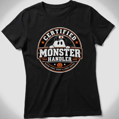 Vintage badge style shirt with a playful ghost and spooky text — printed on a women's shirt