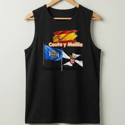 Vibrant illustration of Ceuta and Melilla flags with accompanying text. — printed on a tank top