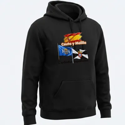 Vibrant illustration of Ceuta and Melilla flags with accompanying text. — printed on a unisex hoodie