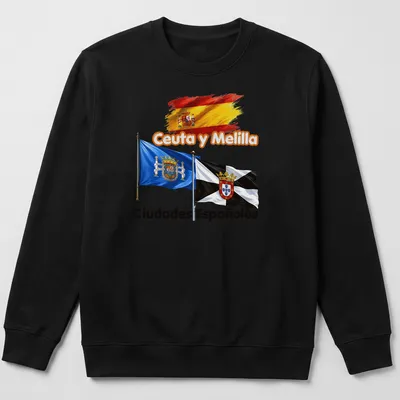 Vibrant illustration of Ceuta and Melilla flags with accompanying text. — printed on a unisex sweatshirt