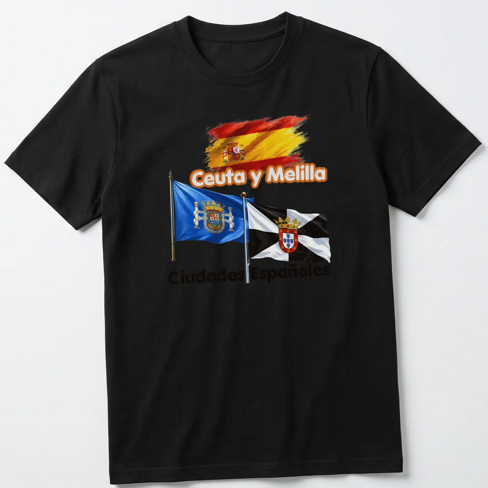 Vibrant illustration of Ceuta and Melilla flags with accompanying text. — printed on a unisex t-shirt