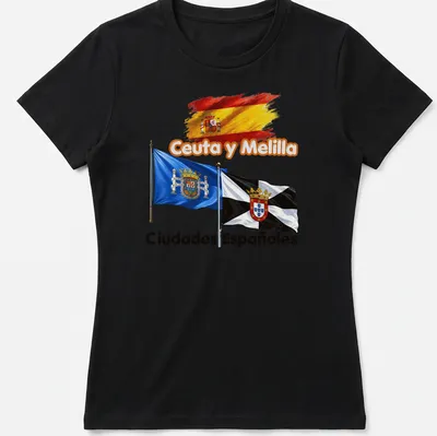 Vibrant illustration of Ceuta and Melilla flags with accompanying text. — printed on a women's shirt