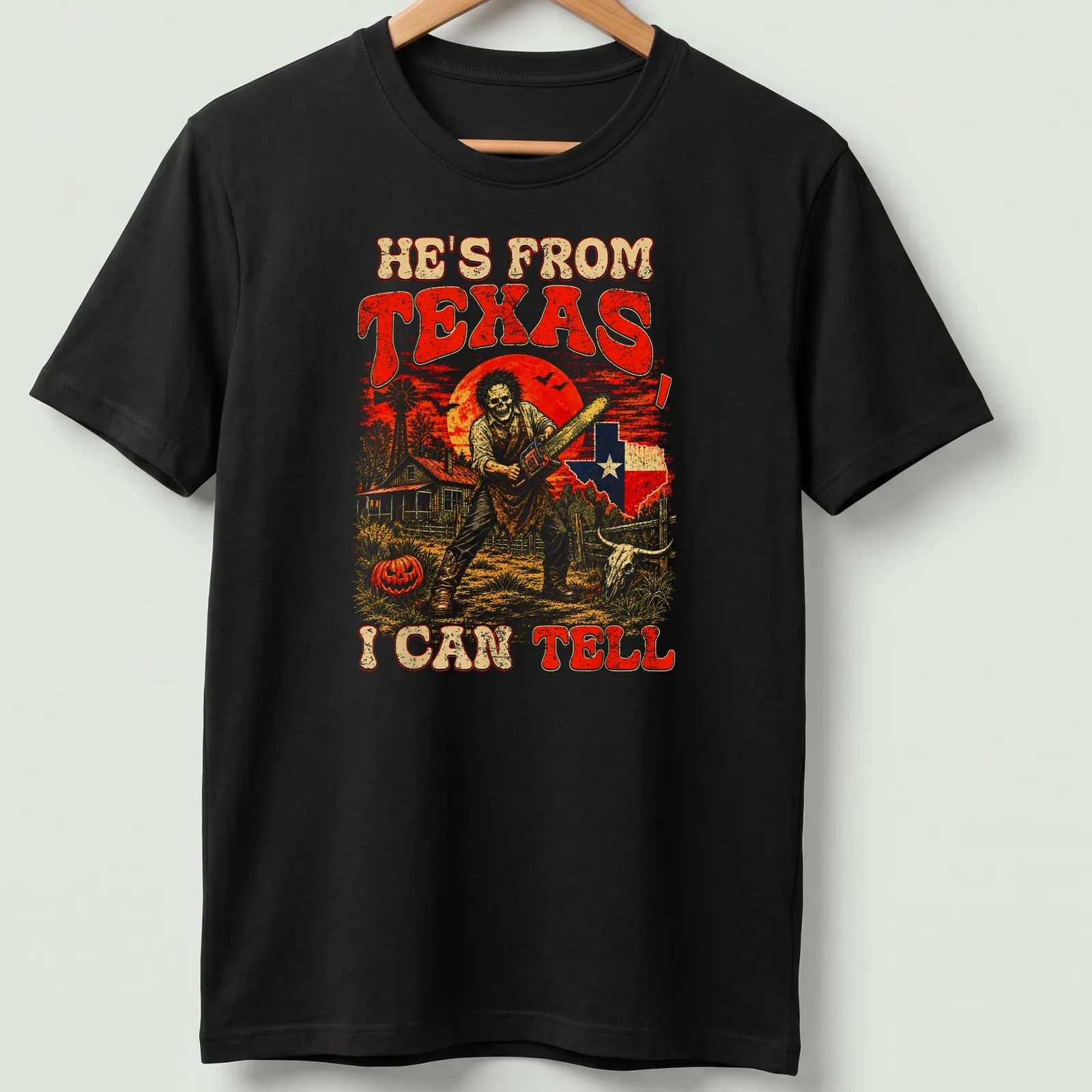 Vintage horror t-shirt featuring chainsaw-wielding figure with text about Texas. — printed on a unisex t-shirt