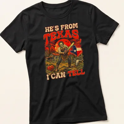 Vintage horror t-shirt featuring chainsaw-wielding figure with text about Texas. — printed on a women's shirt