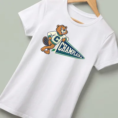 Vintage Champlain Beaver T-shirt with colorful pennant design — printed on a women's shirt