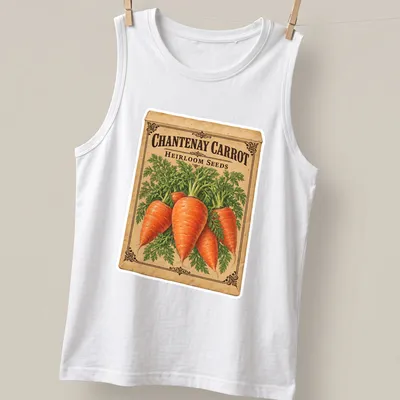 Vintage Chantenay carrot seed packet design in orange, green, brown, and cream — printed on a tank top