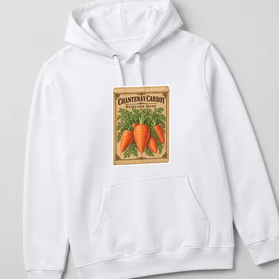 Vintage Chantenay carrot seed packet design in orange, green, brown, and cream — printed on a unisex hoodie