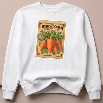 Vintage Chantenay carrot seed packet design in orange, green, brown, and cream — printed on a unisex sweatshirt
