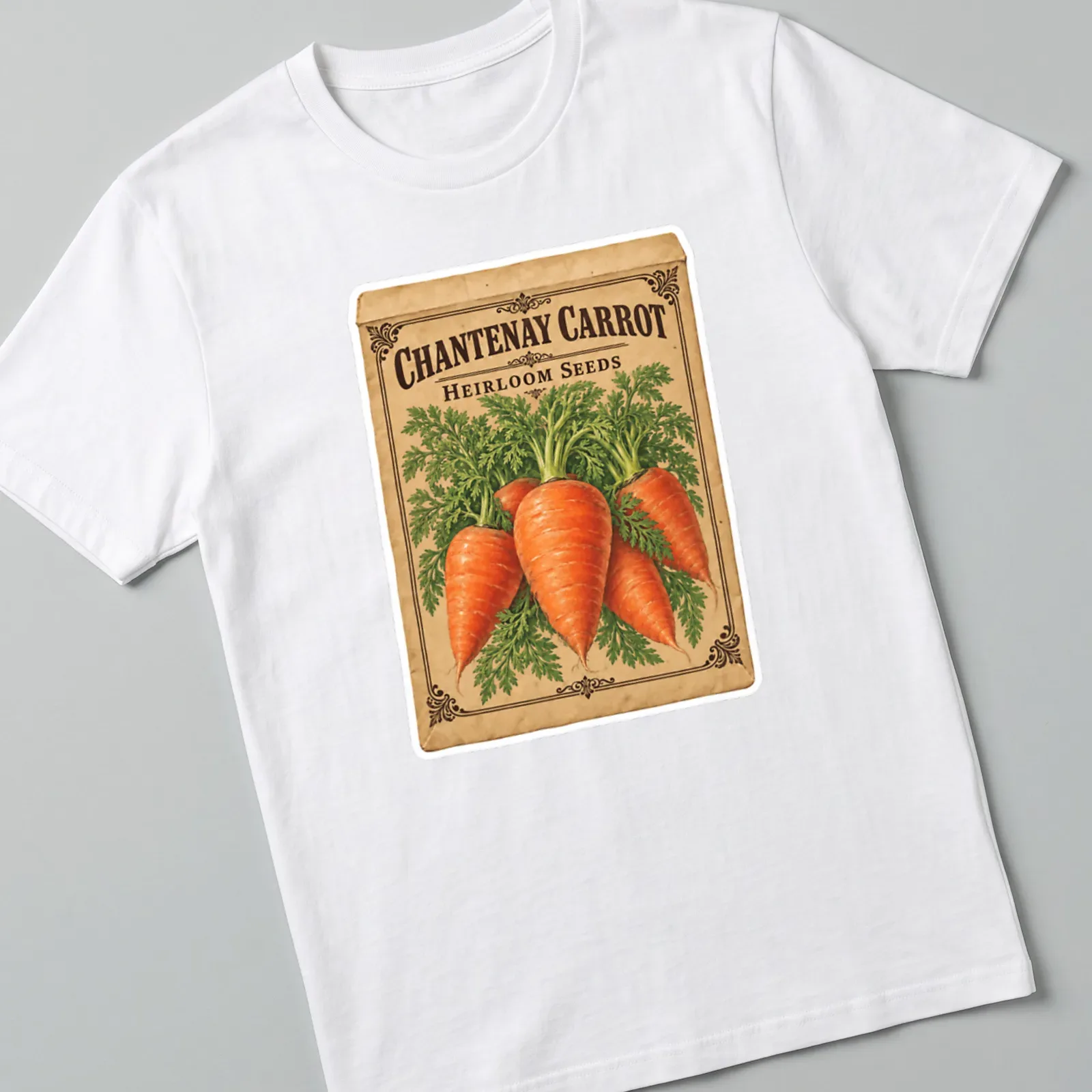 Vintage Chantenay carrot seed packet design in orange, green, brown, and cream — printed on a unisex t-shirt