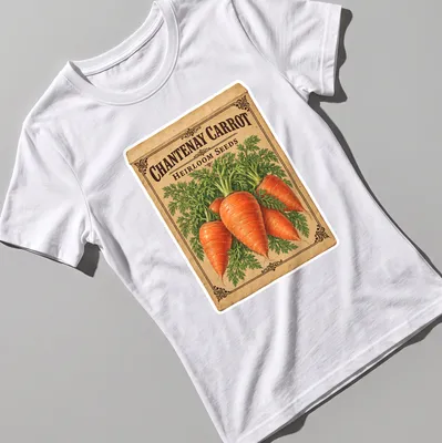 Vintage Chantenay carrot seed packet design in orange, green, brown, and cream — printed on a women's shirt