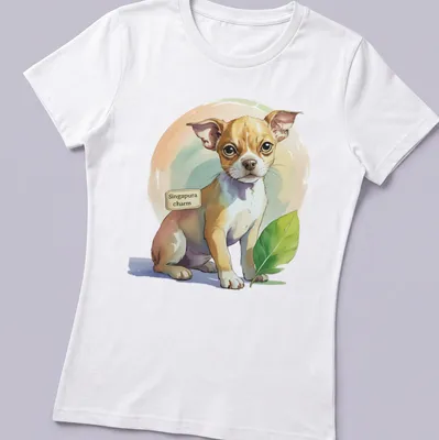 Illustration of a charming Singapura dog surrounded by leaves and pastel colors — printed on a women's shirt