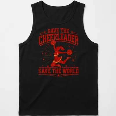 Retro distressed T-shirt featuring a cheerleader and the phrase Save The Cheerleader Save The World — printed on a tank top