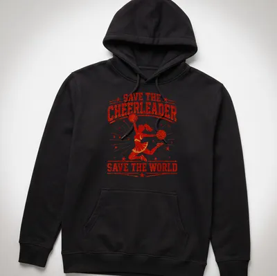 Retro distressed T-shirt featuring a cheerleader and the phrase Save The Cheerleader Save The World — printed on a unisex hoodie
