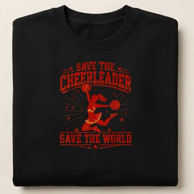 Retro distressed T-shirt featuring a cheerleader and the phrase Save The Cheerleader Save The World — printed on a unisex sweatshirt