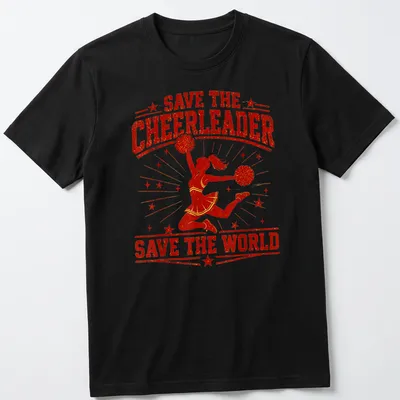 Retro distressed T-shirt featuring a cheerleader and the phrase Save The Cheerleader Save The World