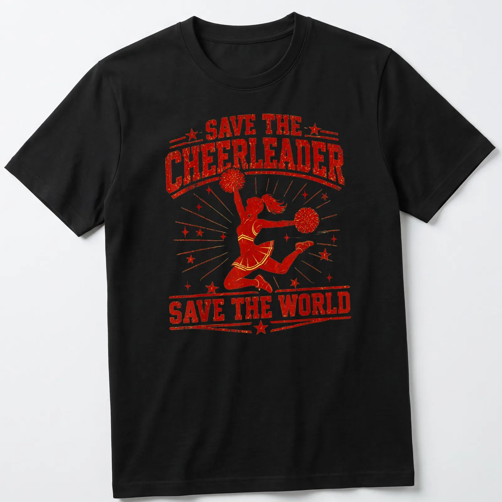 Retro distressed T-shirt featuring a cheerleader and the phrase Save The Cheerleader Save The World — printed on a unisex t-shirt