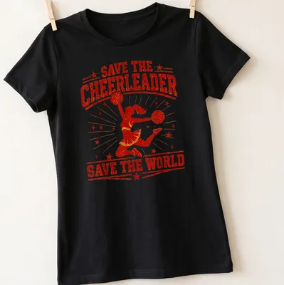 Retro distressed T-shirt featuring a cheerleader and the phrase Save The Cheerleader Save The World — printed on a women's shirt