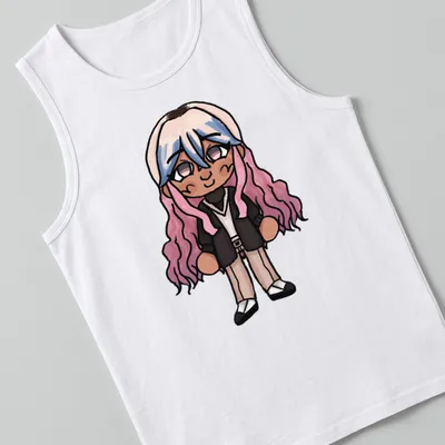 Kawaii chibi character with pink hair in a playful design — printed on a tank top