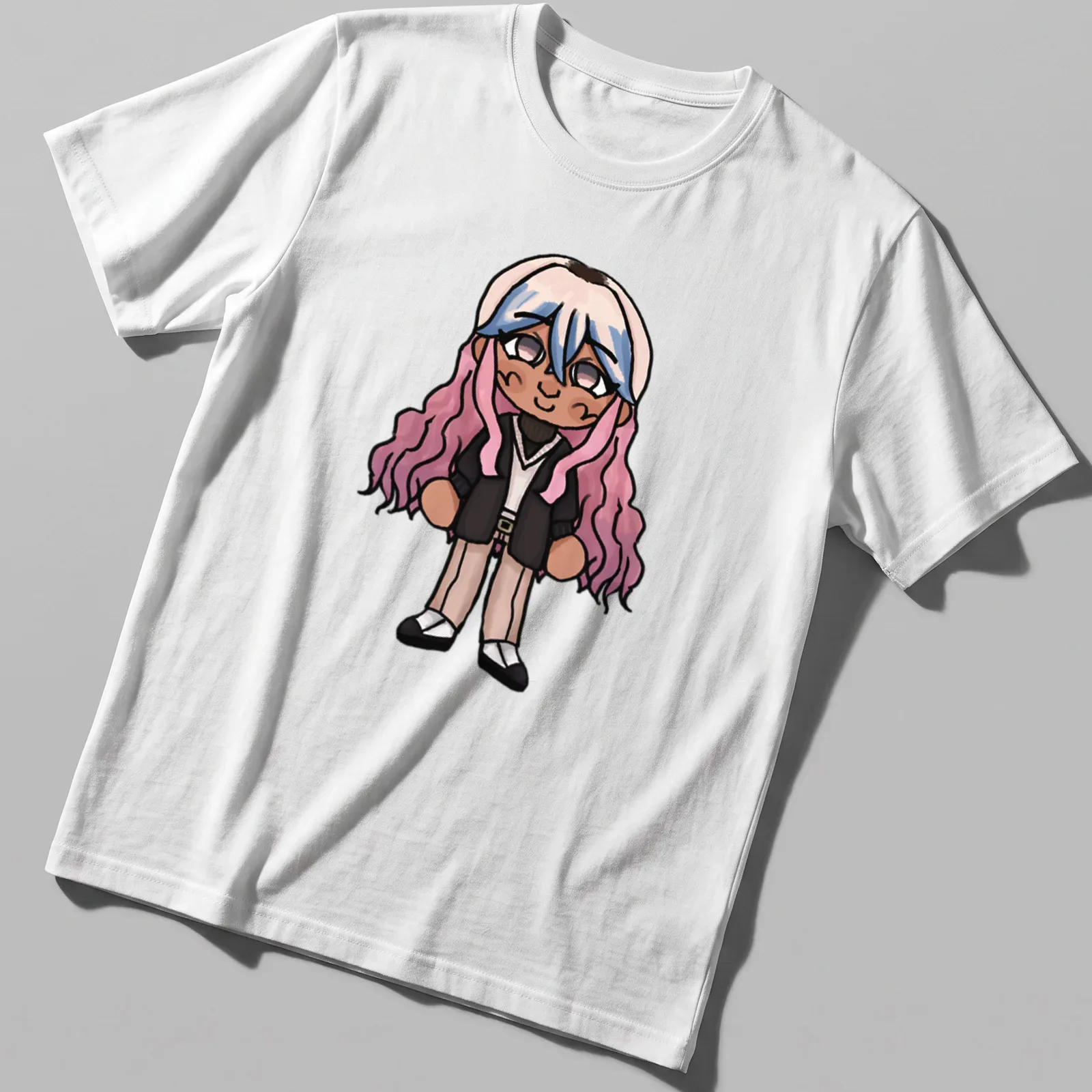 Kawaii chibi character with pink hair in a playful design — printed on a unisex t-shirt