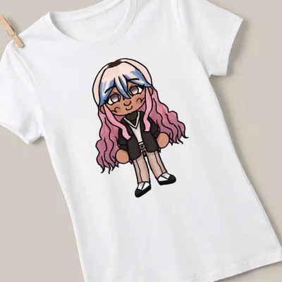 Kawaii chibi character with pink hair in a playful design — printed on a women's shirt