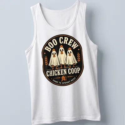 Vintage style Halloween shirt with chickens in ghost costumes and spooky text — printed on a tank top