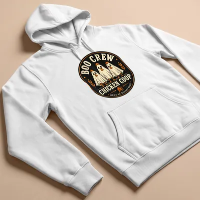 Vintage style Halloween shirt with chickens in ghost costumes and spooky text — printed on a unisex hoodie