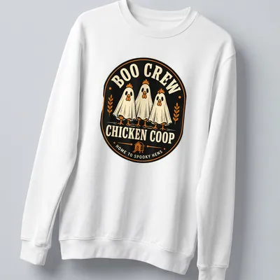 Vintage style Halloween shirt with chickens in ghost costumes and spooky text — printed on a unisex sweatshirt