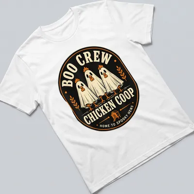 Vintage style Halloween shirt with chickens in ghost costumes and spooky text