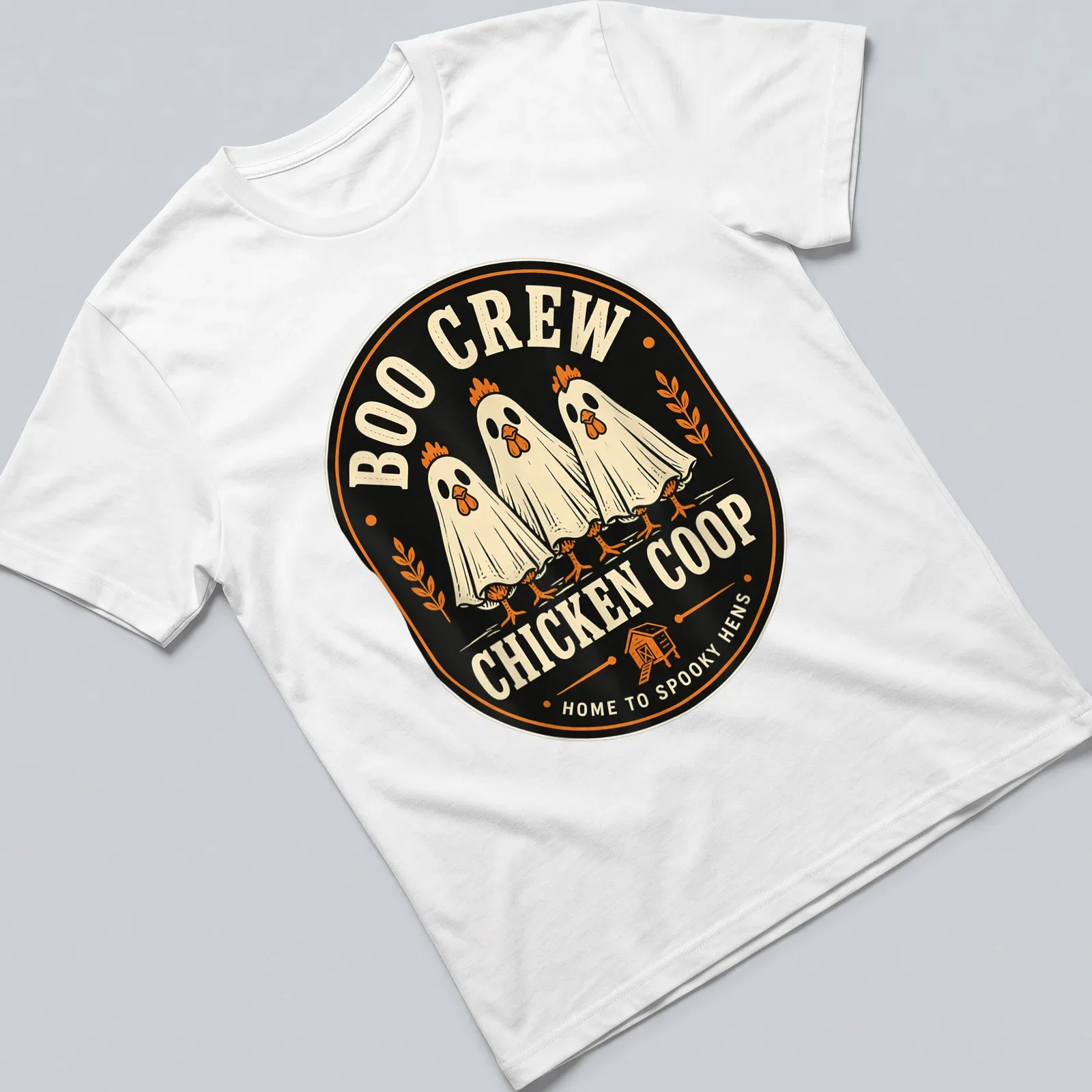 Vintage style Halloween shirt with chickens in ghost costumes and spooky text — printed on a unisex t-shirt