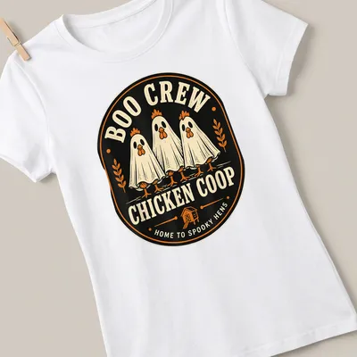 Vintage style Halloween shirt with chickens in ghost costumes and spooky text — printed on a women's shirt