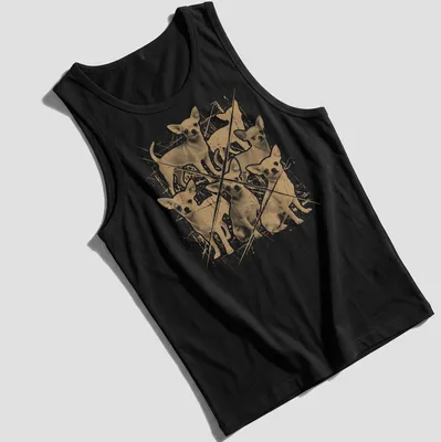 Grunge style t-shirt featuring Chihuahua dogs in gold and white colors — printed on a tank top