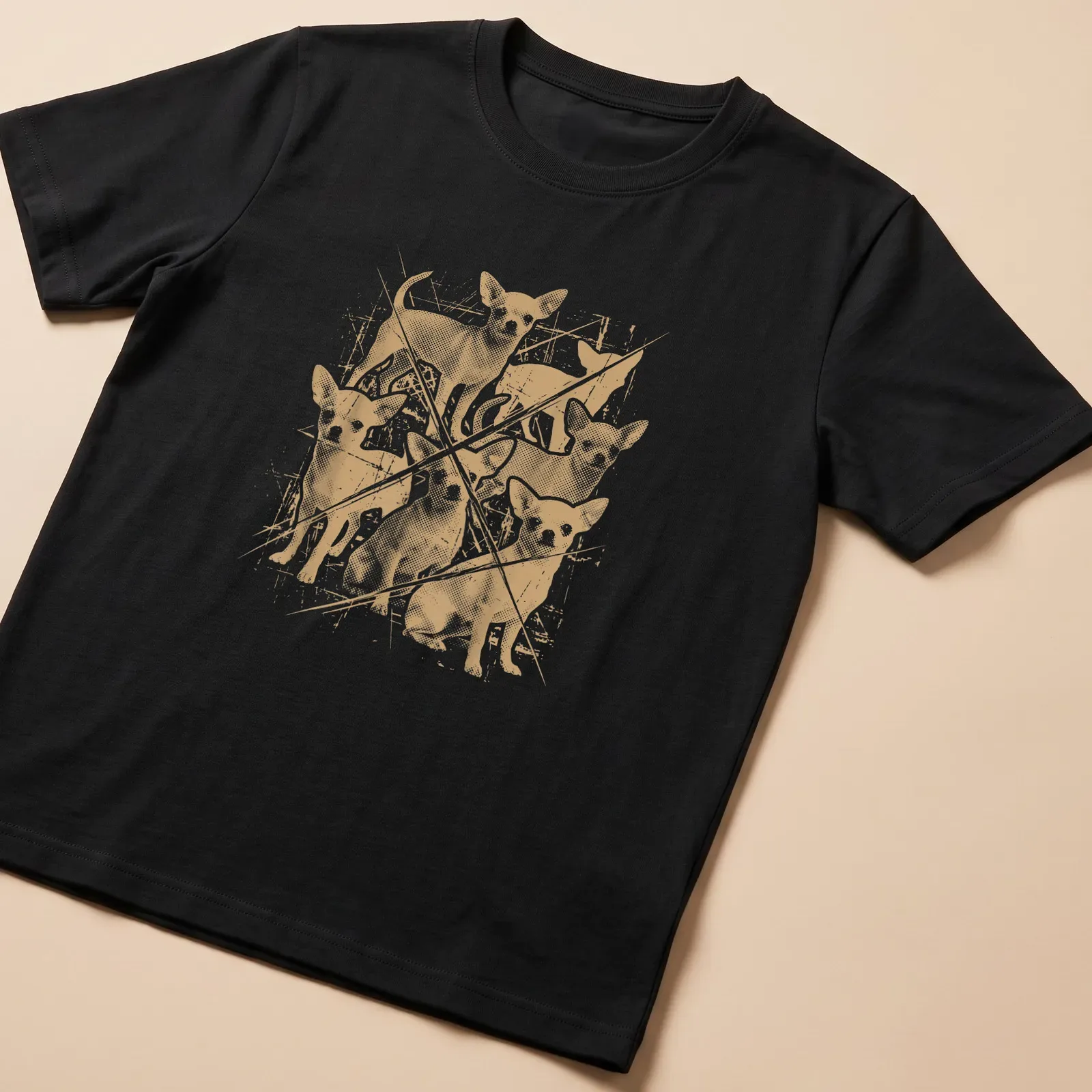 Grunge style t-shirt featuring Chihuahua dogs in gold and white colors — printed on a unisex t-shirt