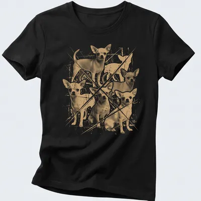 Grunge style t-shirt featuring Chihuahua dogs in gold and white colors — printed on a women's shirt