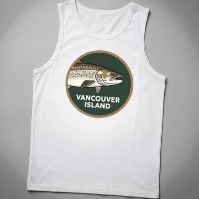 Illustrative graphic of Chinook Salmon with text 'VANCOUVER ISLAND' in green, brown, and white — printed on a tank top