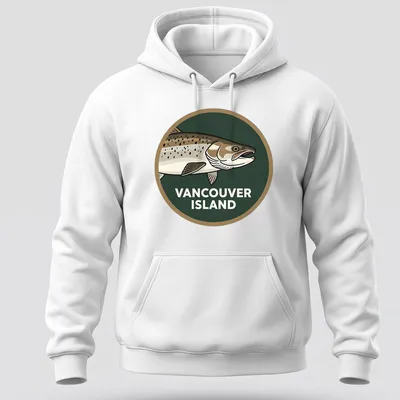 Illustrative graphic of Chinook Salmon with text 'VANCOUVER ISLAND' in green, brown, and white — printed on a unisex hoodie
