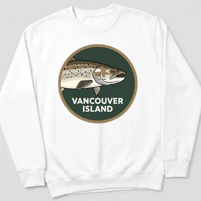 Illustrative graphic of Chinook Salmon with text 'VANCOUVER ISLAND' in green, brown, and white — printed on a unisex sweatshirt