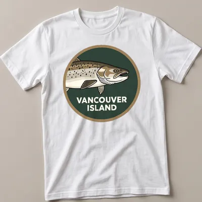 Illustrative graphic of Chinook Salmon with text 'VANCOUVER ISLAND' in green, brown, and white