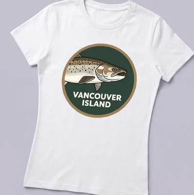 Illustrative graphic of Chinook Salmon with text 'VANCOUVER ISLAND' in green, brown, and white — printed on a women's shirt