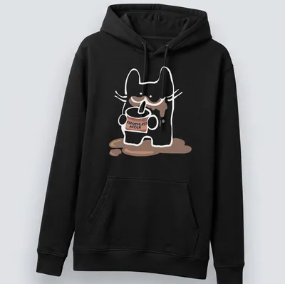 Kawaii illustration of a playful chocolate milk carton with text CHOCOLAIT MILK — printed on a unisex hoodie