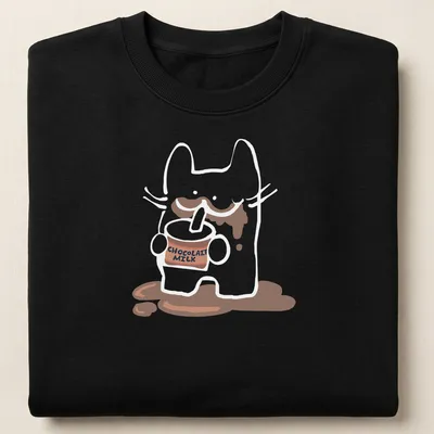 Kawaii illustration of a playful chocolate milk carton with text CHOCOLAIT MILK — printed on a unisex sweatshirt