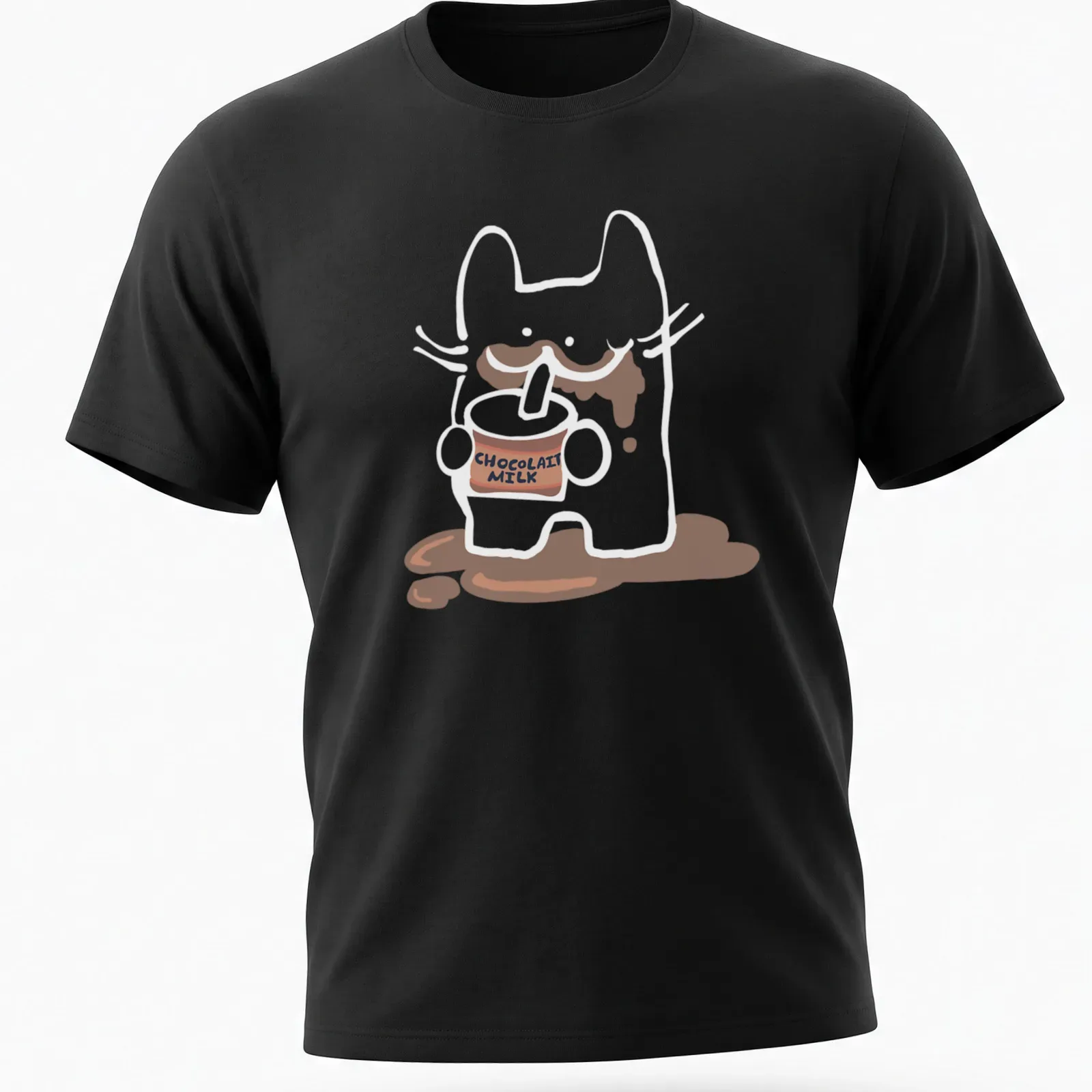 Kawaii illustration of a playful chocolate milk carton with text CHOCOLAIT MILK — printed on a unisex t-shirt