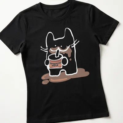 Kawaii illustration of a playful chocolate milk carton with text CHOCOLAIT MILK — printed on a women's shirt
