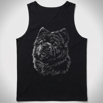 Sketch illustration of a playful Chow Chow dog in black, white, and gray — printed on a tank top